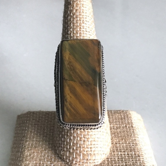 New Tiger’s Eye Gemstone Silver Overlay Vintage Style Ring Size 8 - Picture 6 of 11
